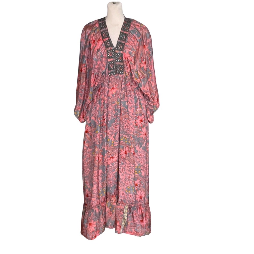 NAOO Pink floral BoHo maxi dress 1X resort crochet embroidered ruffle chic tunic